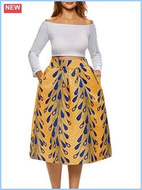 African Print Pleated Midi Skirt A-Line High Waist with Pockets